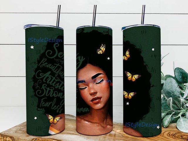 Black Woman 20 oz Skinny Tumbler Straight and Warped Design Digital Download PNG Sublimation iStyleDesign 