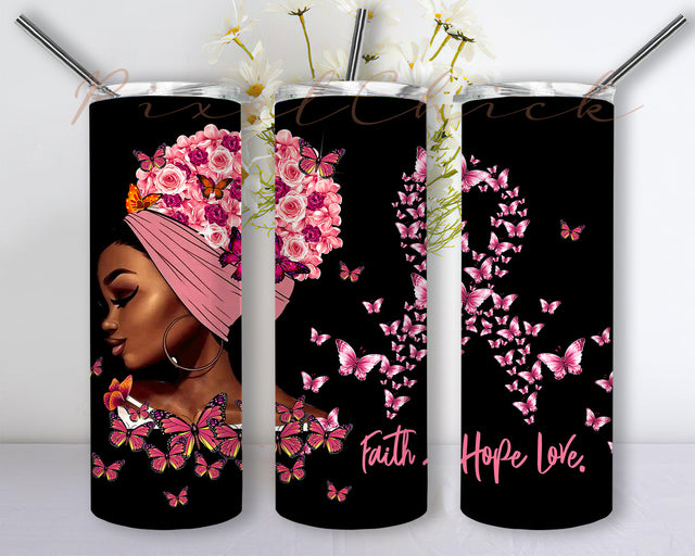 Black Woman Cancer Tumbler 20oz Skinny Tumbler Sublimation Designs Breast Cancer Awareness Ribbon Motivational Tumbler for Straight/Tapered Tumbler Design - PNG Sublimation PixelChick 