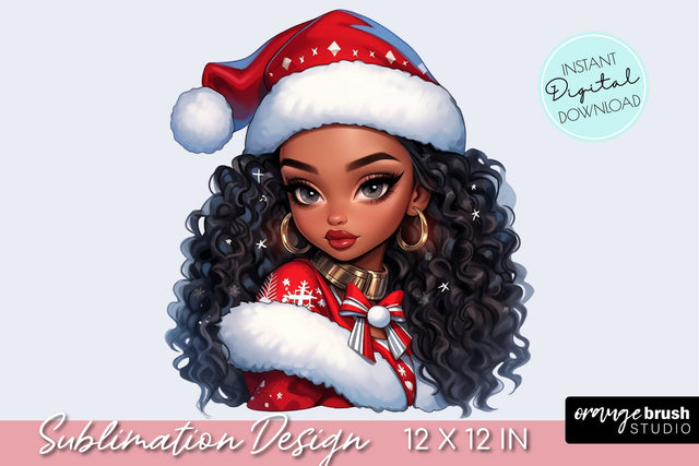 Black Woman In Santa Hat, Christmas Sublimation Design Sublimation OrangeBrushStudio 
