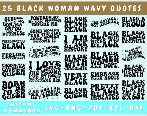 Black Woman Wavy Quotes SVG Bundle, 25 Designs, Black History Month Groovy SVG, Black Woman Retro Sayings SVG SVG HappyDesignStudio 