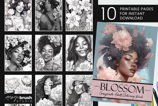 Black Women Coloring Book Grayscale Coloring Pages for Adult Sublimation OrangeBrushStudio 