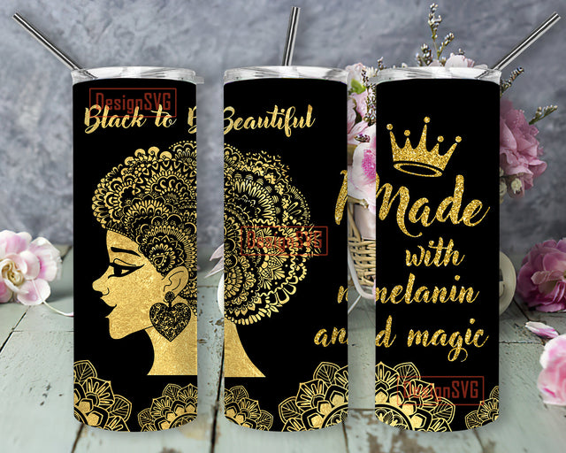 Black Women Mandala Made With Melanin And Magic 20oz skinny sublimation design png,Black Women tumbler digital download Funny Tumbler template design png Sublimation DesignSVG 