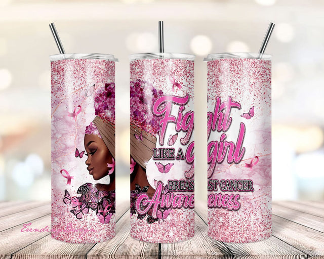 Black Women Strong 20 Oz Tumbler Sublimation, Powerful Melanin Girl Pink Ribbon Skinny Tumbler Wrap PNG, Breast Cancer Awareness PNG Sublimation TrendingDesign 