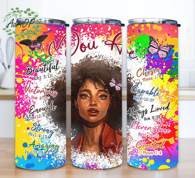 Black Women You Are Beautiful 20oz Skinny Tumbler Png, Tie Dye Black Women Tumbler, God Says You Are Png, You Are Strong, Black Queen Png, Black Girl Beautiful Png Sublimation AdriOP 