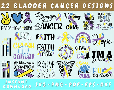 Bladder Cancer Awareness SVG Bundle, 22 Designs, Bladder Cancer Ribbon SVG, Yellow, Blue and Purple Cancer Ribbon SVG SVG HappyDesignStudio 