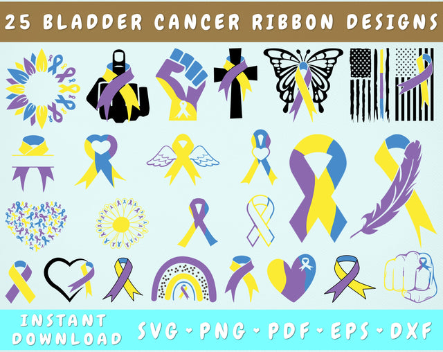 Bladder Cancer Ribbon SVG Bundle, 25 Designs, Bladder Cancer Clipart, Yellow, Purple and Navy Blue Cancer Ribbon SVG, Bladder Cancer PNG Files, Bladder Cancer Sunflower SVG SVG HappyDesignStudio 