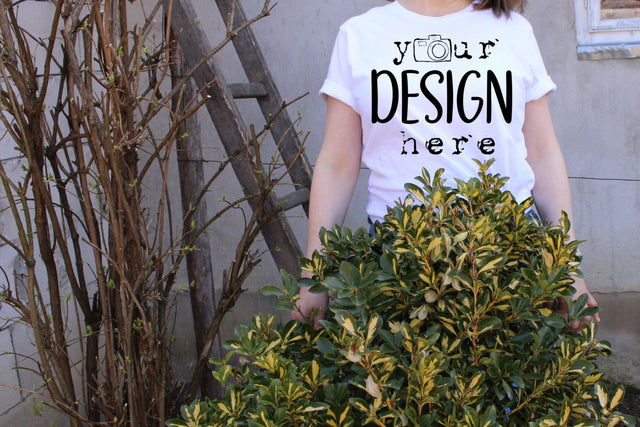 Blank White T-shirt Mock Ups, Front view, Plants, Nature Mockup,Bella Canvas Shirt, Flat Lay Picture,SVG Sublimation,Woman Model Design, Outdoors JPG picture Mock Up Photo ArtStudio 