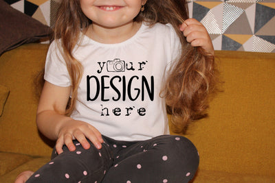 Blank White Toddler Girl Shirt Mockup modeled - Toddler T Shirt Mockup - White T Shirt Mockup - Girl Toddler Model - Home Background Mock Up Photo ArtStudio 