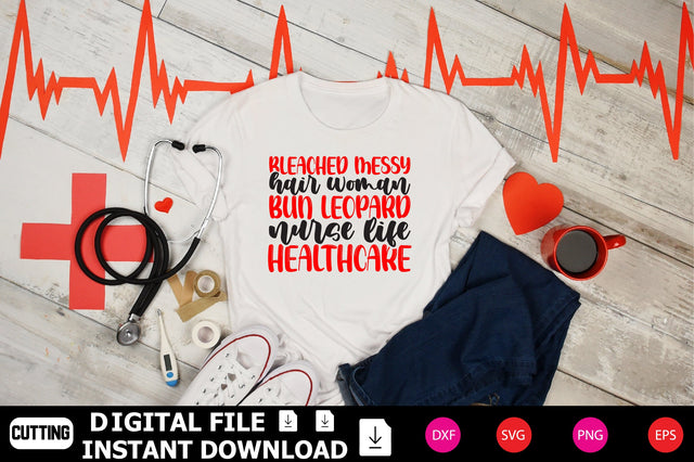 Bleached Messy Hair Woman Bun Leopard Nurse Life Healthcare SVG Shahin alam 