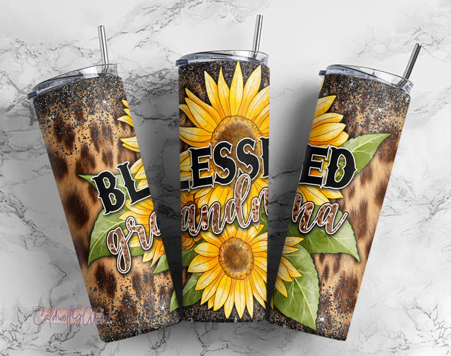 Blessed grandma tumbler PNG design Leopard sunflower 20 oz skinny tumbler Sublimation CaldwellArt 