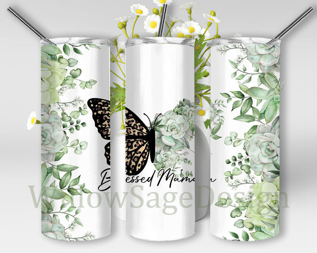 Blessed Mama 20oz Skinny Tumbler Design Sublimation, Mother's Day Tumbler, Butterfly Floral Tumbler, Blessed Mom Tumbler, Leopard Green Tumbler Sublimation WillowSageDesign 
