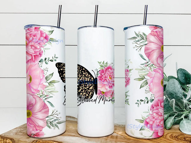 Blessed Mama 20oz Skinny Tumbler Design Sublimation, Mother's Day Tumbler, Butterfly Pink Floral Tumbler, Blessed Mom Tumbler, Leopard Green Tumbler Sublimation iStyleDesign 