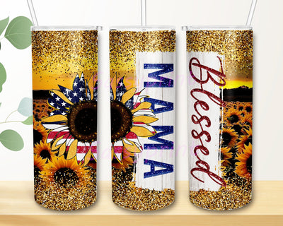 Blessed Mama 20oz Skinny Tumbler, Mama 20oz Skinny Tumbler, Sunflower American Flag Tumbler Design, Sunflower Glitter Tumbler Wrap, Mother's Day Gift, Digital Download Sublimation sassyprint 