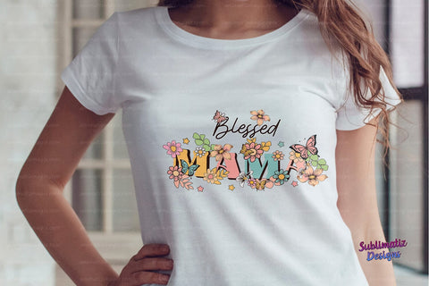 Blessed MAMA Flowers and butterflies PNG Sublimation Sublimation Sublimatiz Designs 