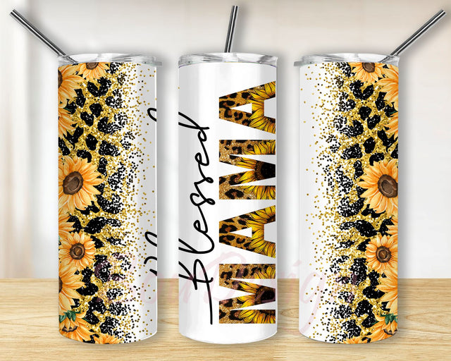 Blessed MAMA Leopard Sunflower Glitter Sublimation Design, Mom Life 20oz Skinny Tumbler Sublimation Designs, Tumbler PNG Instant Download Sublimation BouDesign 
