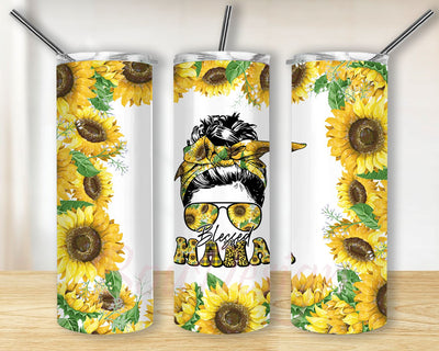 Blessed Mama Sunflower Tumbler Png, Sublimation Designs Downloads, 20oz Skinny Tumbler Design, Mother's Day, Messy Bun Tumbler Wrap PNG Sublimation BouDesign 