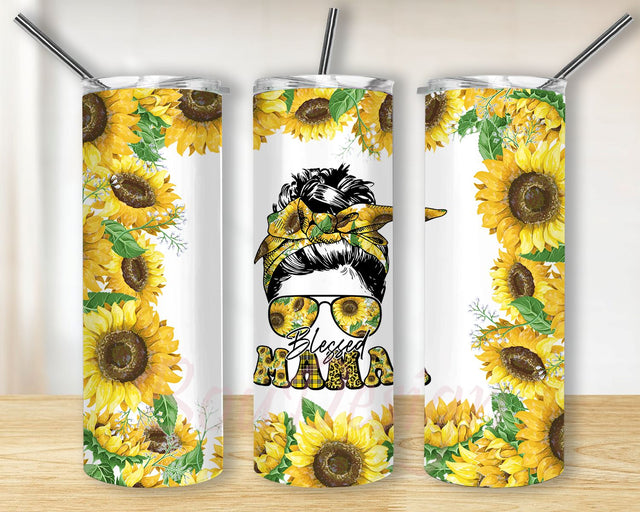 Blessed Mama Sunflower Tumbler Png, Sublimation Designs Downloads, 20oz Skinny Tumbler Design, Mother's Day, Messy Bun Tumbler Wrap PNG Sublimation BouDesign 