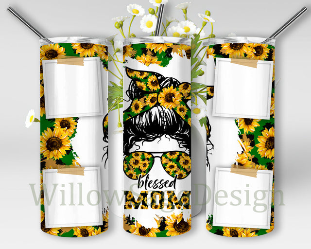 Blessed Mom Photo Frame Tumbler Wrap, Blessed Mom Sunflower 20oz Skinny Tumbler, Messy Bun Sunflower Design Png, Mom Sublimation Design, Instant Download Sublimation WillowSageDesign 