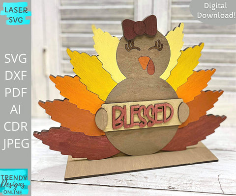 Blessed Turkey svg, Fall shelf sitter Glowforge laser cut svg SVG Trendy Designs Online 