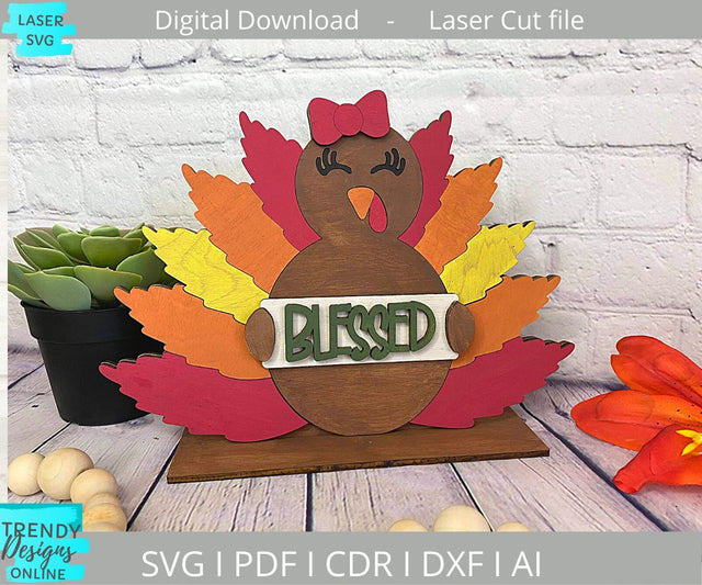 Blessed Turkey svg, Fall shelf sitter Glowforge laser cut svg SVG Trendy Designs Online 