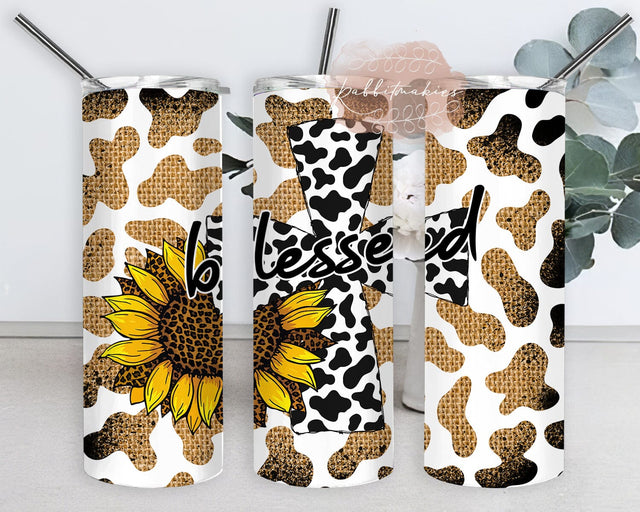 Blessed With Cross Tumbler Png, Blessed 20oz Skinny Tumbler, Cow Print Cross Design Tumbler, Sunflower Design Png, Blessed Sublimation Design, Digital Download Sublimation Rabbitmakies 