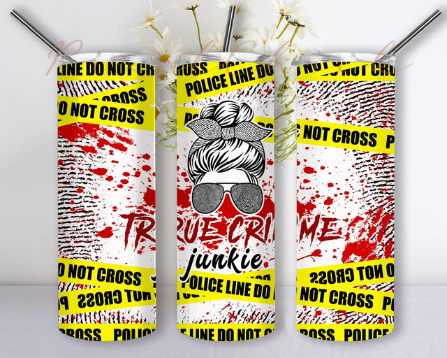 Blood Halloween, True Crime Junkie Tumbler PNG, True Crime Junkie Mom Bun Tumbler Design Hand Print Halloween Blood Scene Yellow Tape PNG 20oz Skinny Tumbler Wrap Sublimation Digital File Sublimation PixelChick 