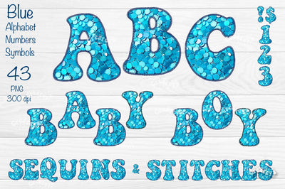 Blue Alphabet PNG Baby Boy Letters Numbers Symbols Glitter Embroidery Sequins and Stitches Sublimation Createya Design 