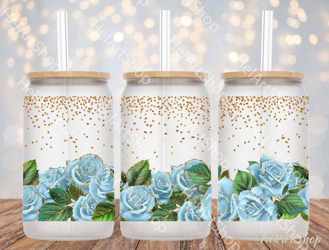 Blue And Gold Floral 16oz Libbey Glass Can PNG Sublimation _HelArtShop_ 