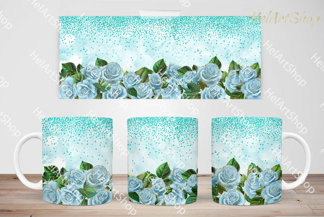 Blue And Gold Floral Mug Png, 11Oz Mug Sublimation Sublimation _HelArtShop_ 