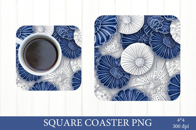 Blue and White Coaster PNG. Shells Coaster Sublimation Sublimation Olga Terlyanskaya 