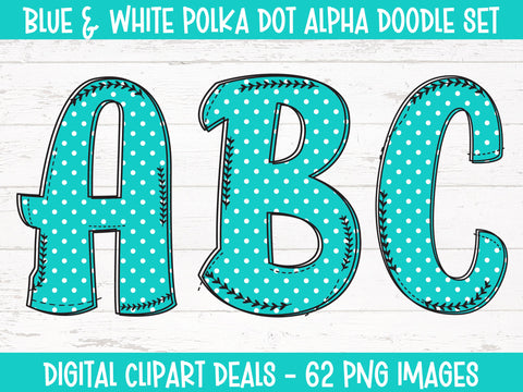 Blue and White Polka Dot Alpha Doodle Set Sublimation Digital Clipart Deals 