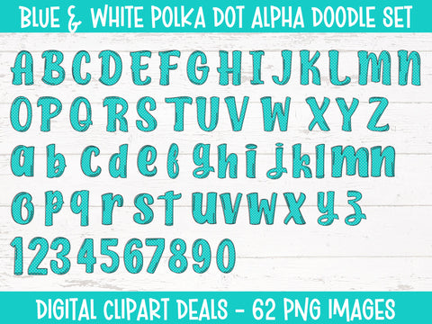 Blue and White Polka Dot Alpha Doodle Set Sublimation Digital Clipart Deals 