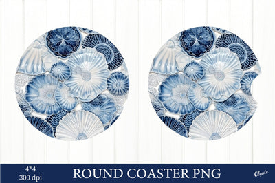 Blue and White Round Coaster PNG. Sea Shells Coaster Sublimation Olga Terlyanskaya 