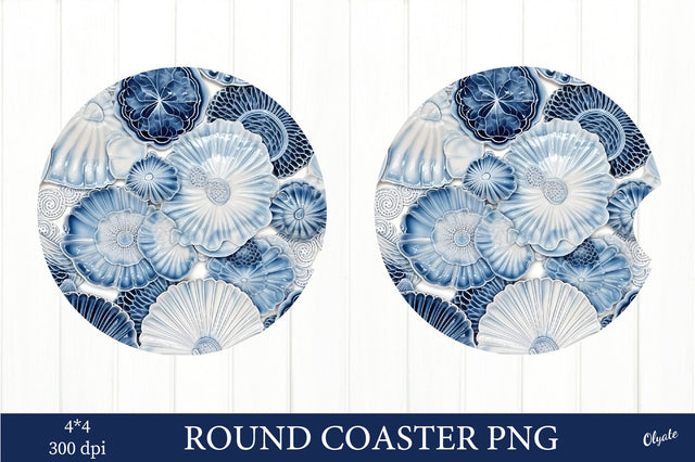 Blue and White Round Coaster PNG. Sea Shells Coaster Sublimation Olga Terlyanskaya 