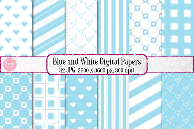 Blue and White Valentines Digital Papers Backgrounds Set Digital Pattern SineDigitalDesign 