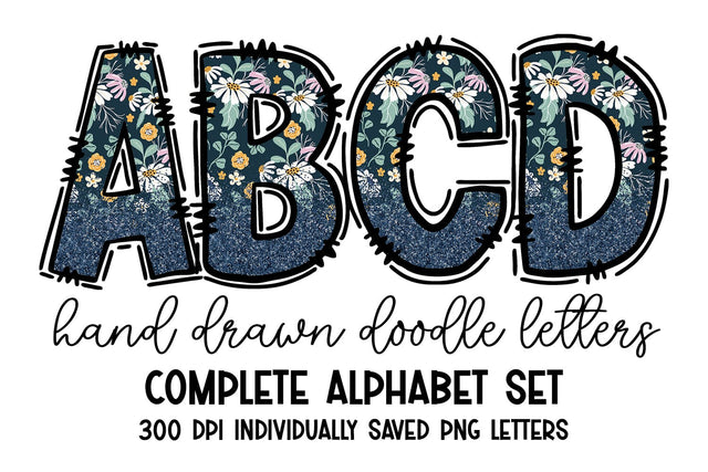 Blue Boho Floral Glitter Doodle Letter Alpha Set Sublimation BijouBay 