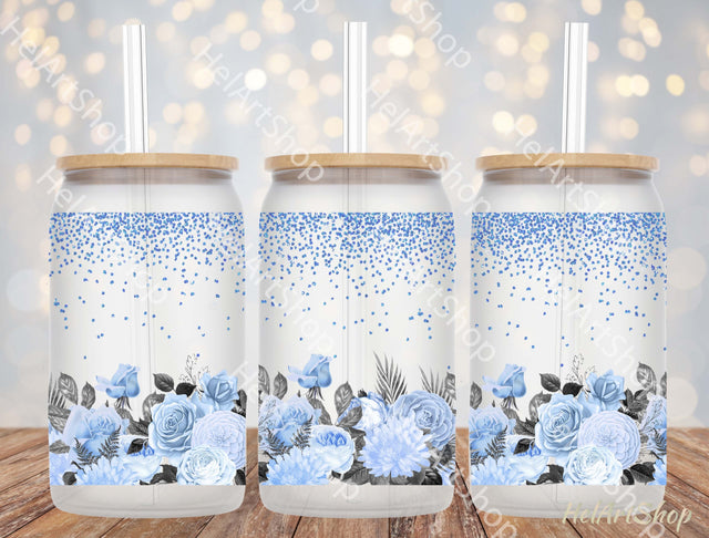 Blue Bouquets 16oz Libbey Glass Can PNG Sublimation _HelArtShop_ 