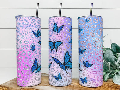 Blue Butterflies And Glitter 20oz Tumbler Design Png, Leopard Pink Butterfly Tumbler, Glitter Butterfly Tumbler, Navy Blue Glitter Tumbler Sublimation iStyleDesign 