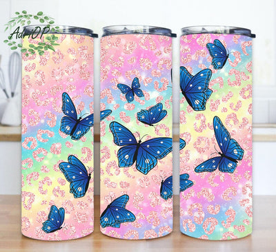Blue Butterflies And Glitter 20oz Tumbler Wrap PNG Download Sublimation AdriOP 