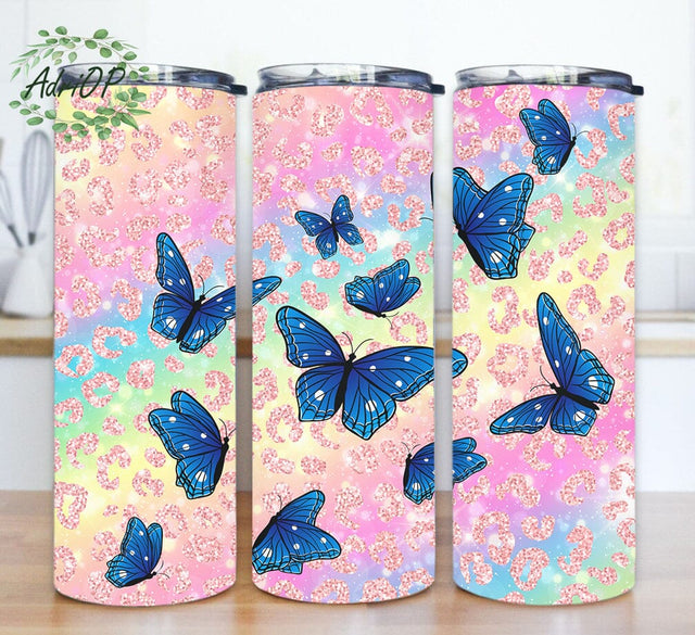 Blue Butterflies And Glitter 20oz Tumbler Wrap PNG Download Sublimation AdriOP 