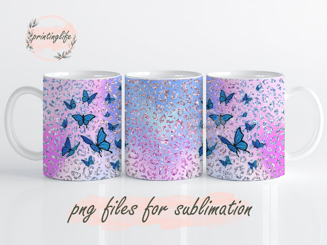 Blue Butterflies Glitter Butterfly Sublimation Instant Digital Design Download 11 oz Mug Wrap Design - PNG Butterfly Lover Gift Sublimation PrintingLife 