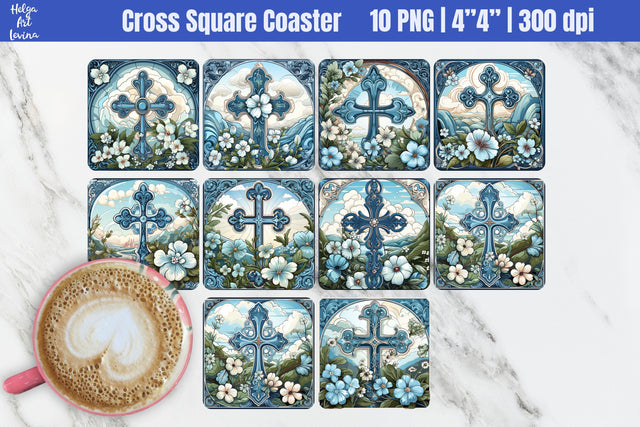Blue Cross Square Coaster Sublimation Sublimation Helga Art 
