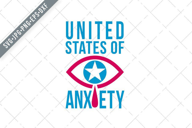 Blue Crying Eye with Star and Red Tear Drop or Tears Falling with Words United States of Anxiety Retro Style SVG Patrimonio Designs Limited 