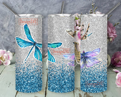 Blue Dragonfly Glitter 20 Oz skinny tumbler PNG , glitter dragonfly wrap tapered straight template digital download Sublimation DesignSVG 