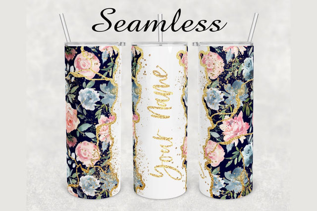 Blue Floral Gold Agate Tumbler sublimation design 20 oz skinny tumbler wrap Sublimation BambinaCreations 