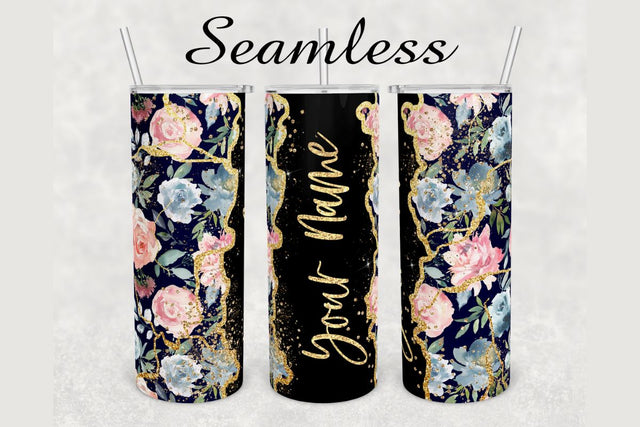 Blue Floral Gold Glitter Agate Tumbler sublimation design 20 oz skinny tumbler wrap Sublimation BambinaCreations 