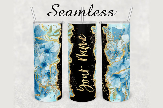 Blue Flower Gold Glitter Agate Tumbler sublimation design 20 oz skinny tumbler wrap Sublimation BambinaCreations 