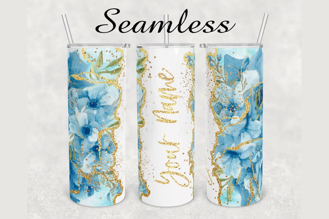 Blue Flower Gold Marble Tumbler sublimation design 20 oz skinny tumbler wrap Sublimation BambinaCreations 