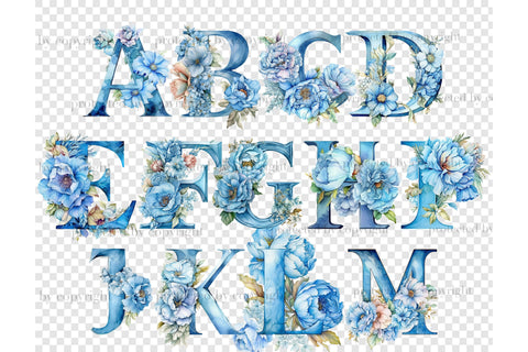 Blue Flowers Alphabet | Blue Baby Clipart SVG GlamArtZhanna 