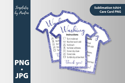 Blue glitter t-shirt washing instructions card. Shirt care card PNG SVG Templates by Pauline 